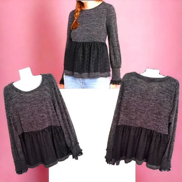 ANTHROPOLOGIE RO+DE Black/Gray Amirah Lace Long Smocked Cuff Sleeve Top XL - Picture 3 of 16